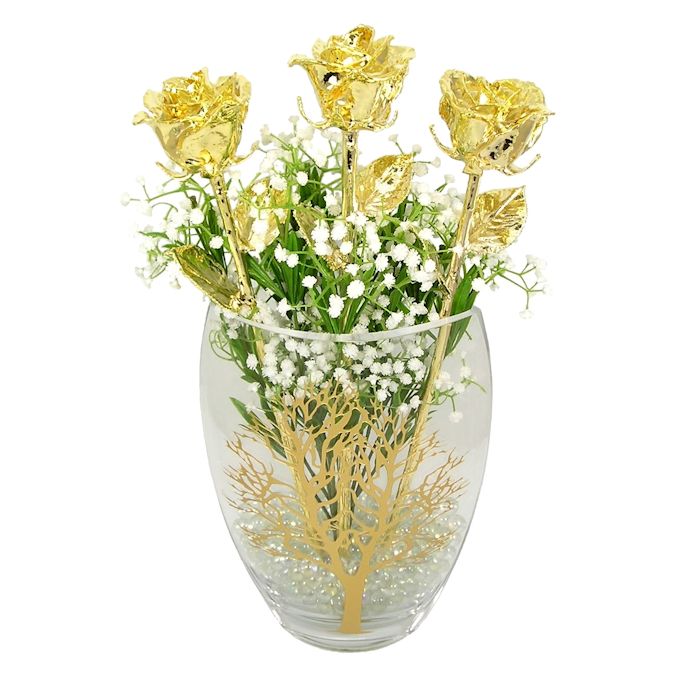17" Past Present Future 24k Roses in Tree of Life Vase
