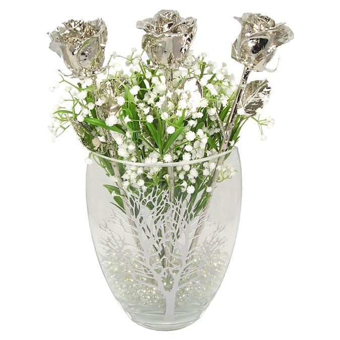 Past, Present and Future 17" Platinum Roses in Tree of Life Vase