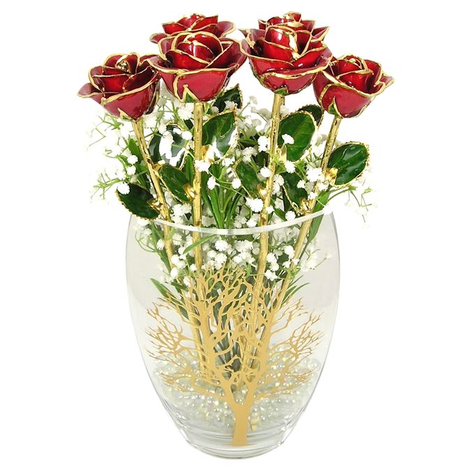 Six 17" 24k Gold Trim Roses in Tree of Life Vase