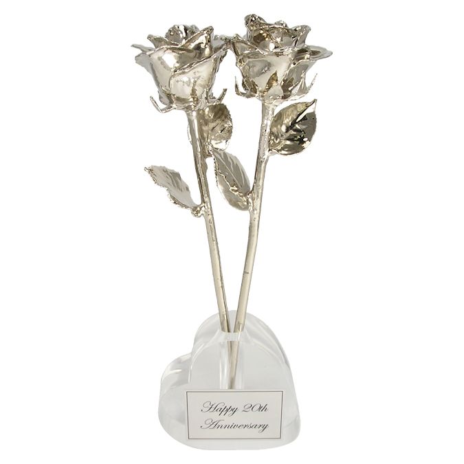 2 8" Platinum Dipped Roses in Heart Vase 20th Anniversary Gift