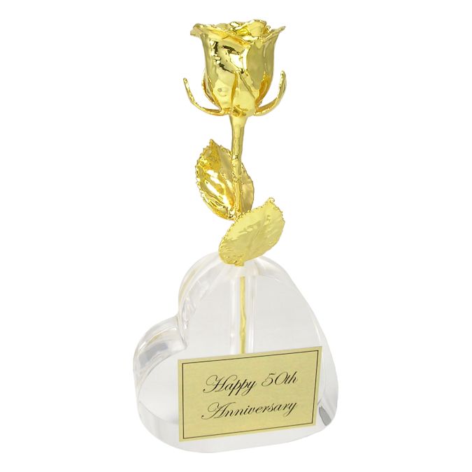 50th Anniversary Gift: 8" Gold Dipped Rose in Heart Vase