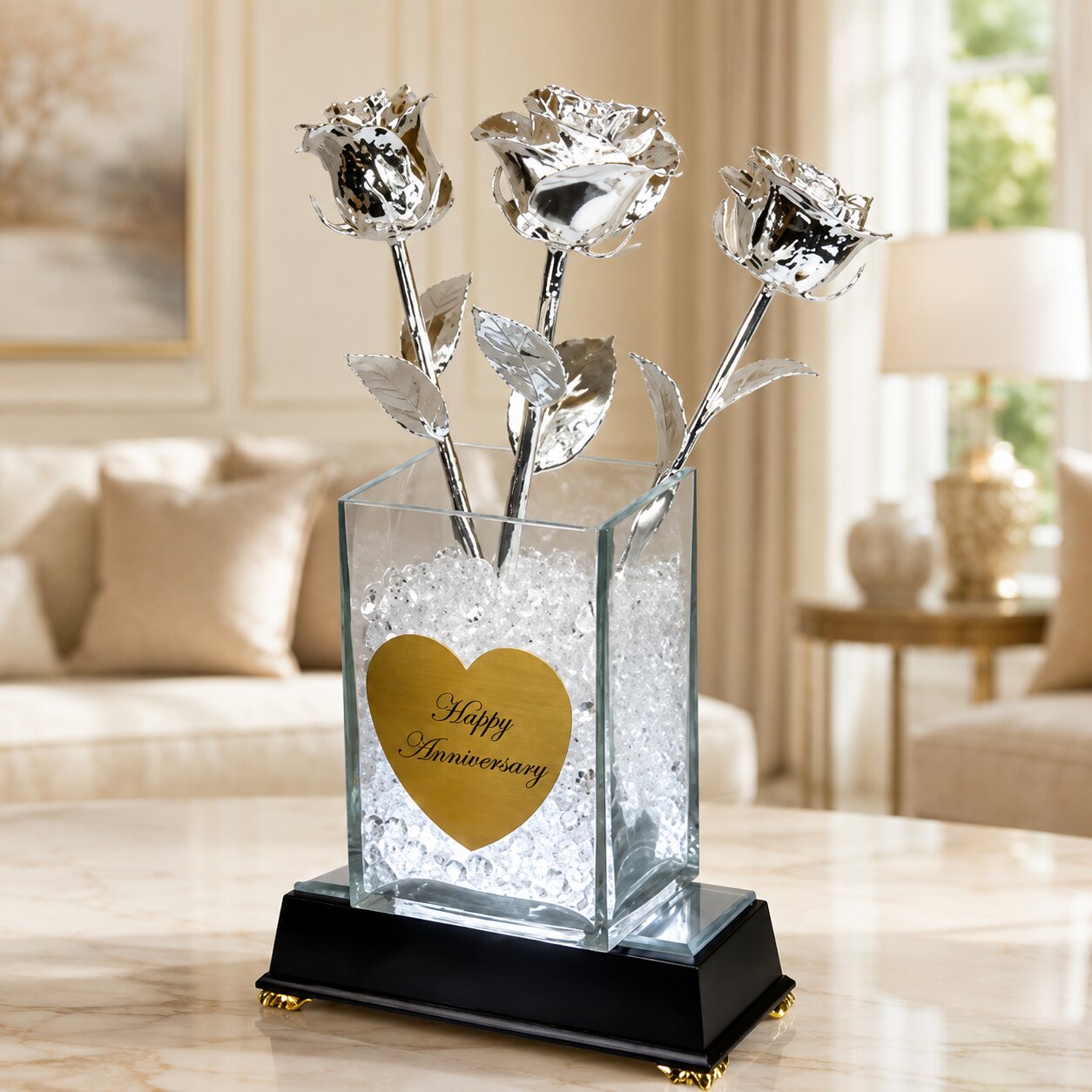 3 Illuminated 11" Silver Roses in 6" Personalized Vase