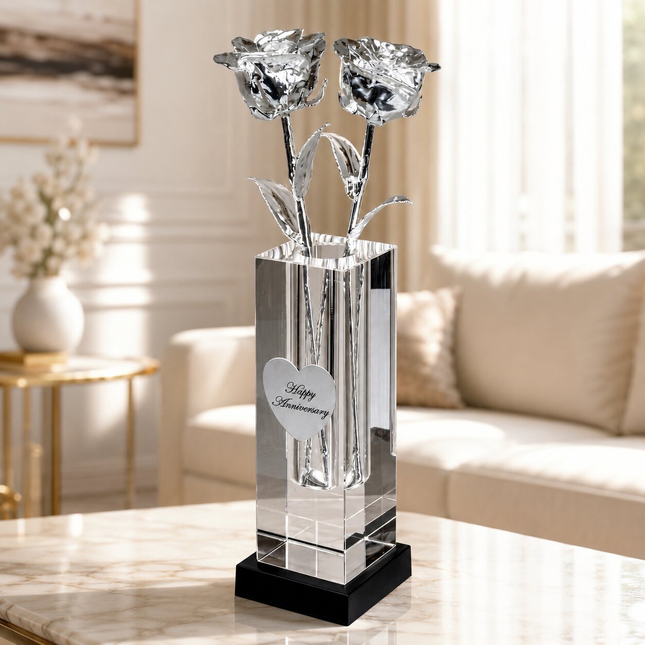 2 Illuminated 11" Silver Roses in 8" Personalized Crystal Vase