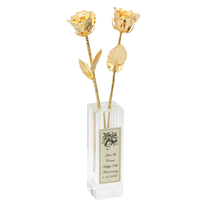 Two 14" 50th Anniversary Gold Roses in Personalized Vase