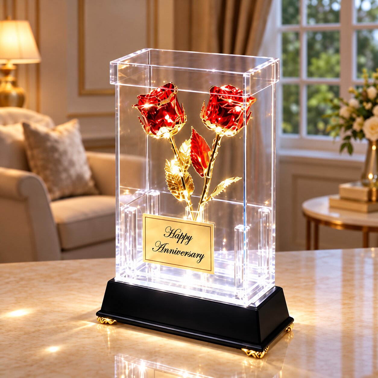 2 Illuminated 8" 24k Gold-Trimmed Red Roses in Custom Glass Display Case