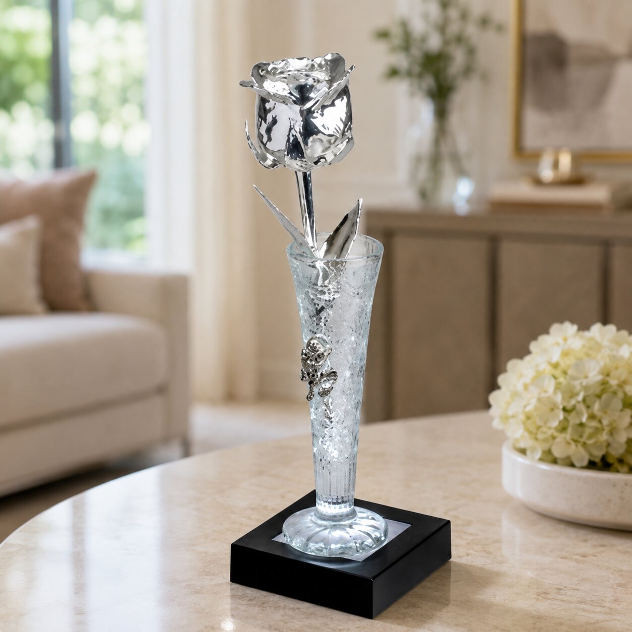 Illuminated 8" Silver Rose in 6" Crystal Mini Rose Vase