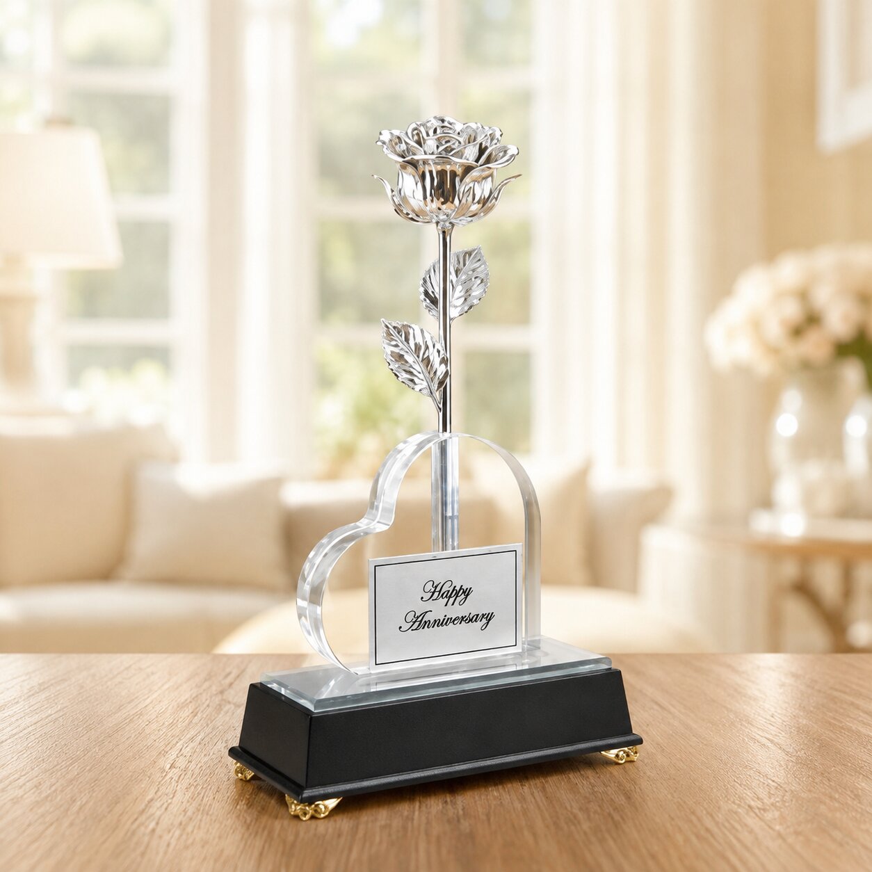 Illuminated 8" Platinum Rose in Personalized Heart Vase