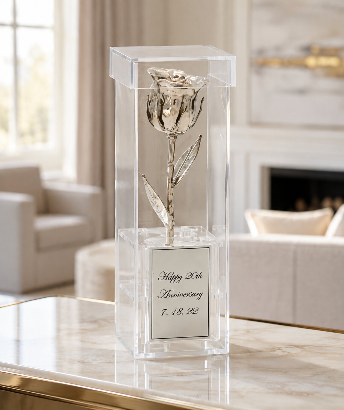 8" Platinum Rose in Personalized 20th Anniversary Case