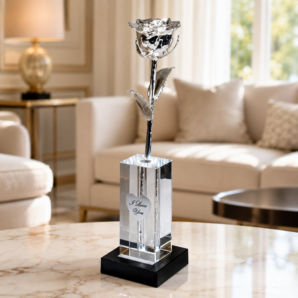 Illuminated 8" Silver Rose in 4.5" Personalized Crystal Vase