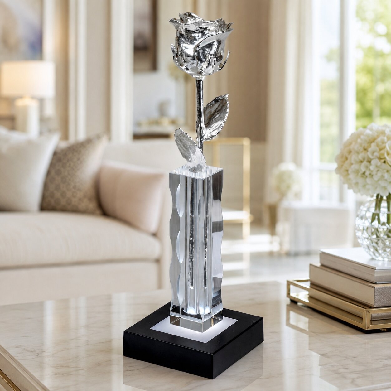 Illuminated 8" Silver Rose in 5" Cut Crystal Vase