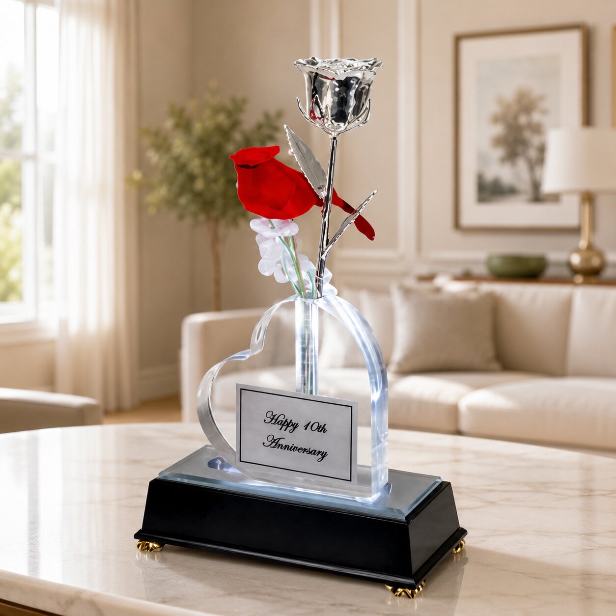 Illuminated 8" Silver Rose and Cardinal in Custom Heart Vase