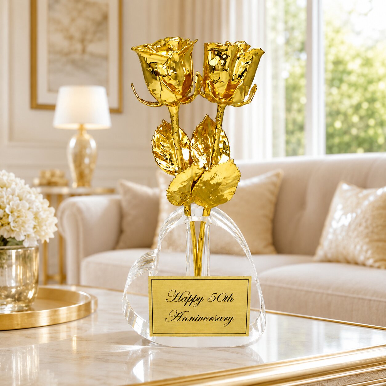 Two 8" 24k Roses in Heart Vase: 50th Anniversary Gift