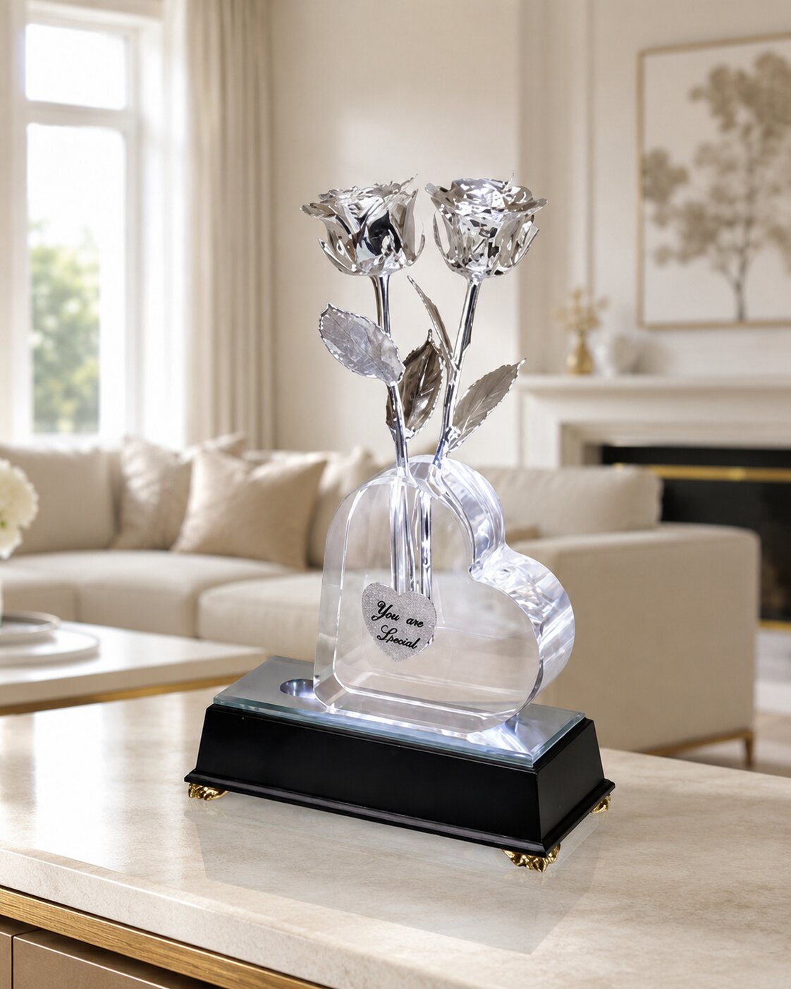 2 Illuminated 8" Platinum Roses in Personalized Heart Vase