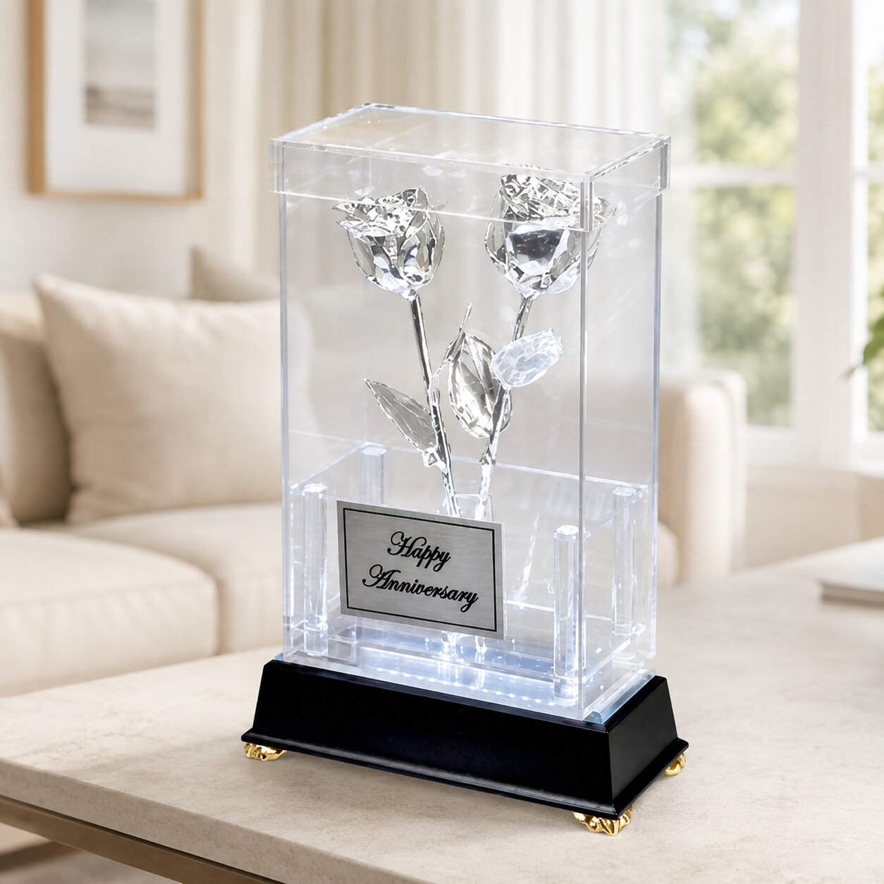 2 Illuminated 8" Silver Roses in Custom Display Case