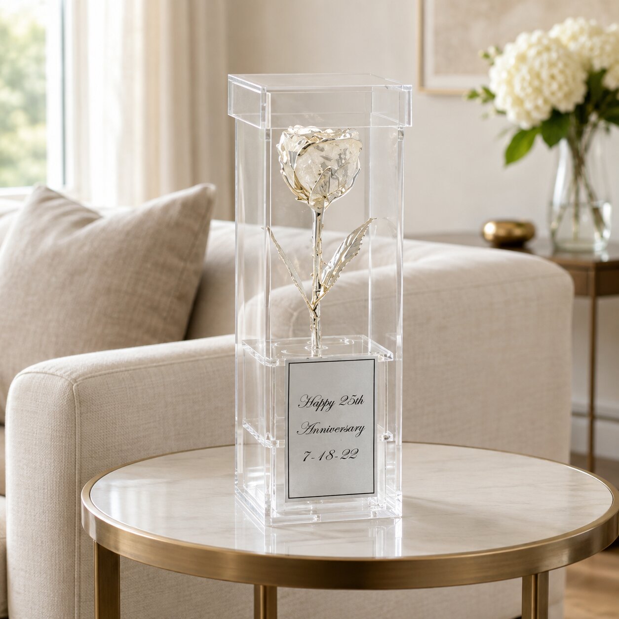 8" Silver Rose in Personalized 25th Anniversary Case