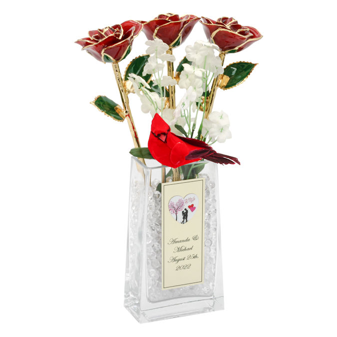 1st Anniversary Gift: 3 Gold Trim Roses in Personalized Vase