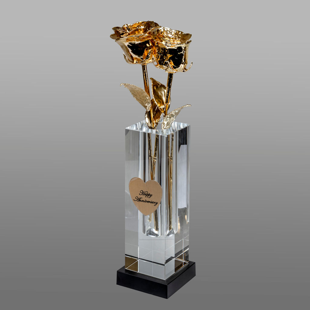 2 Illuminated 11" 24k Gold Roses in 8" Personalized Crystal Vase
