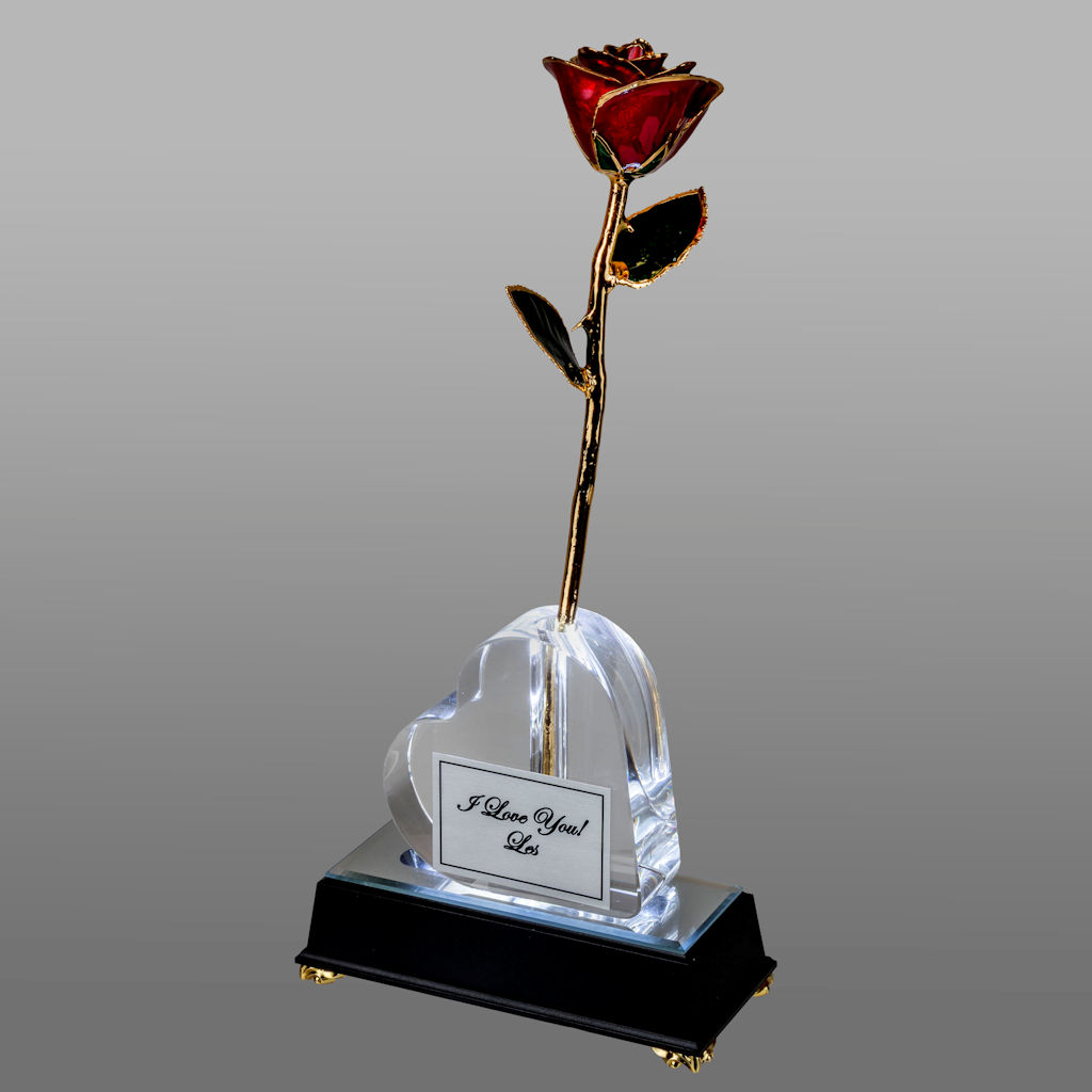 Illuminated 11" Trimmed 24k Gold Rose in Personalized Heart Vase