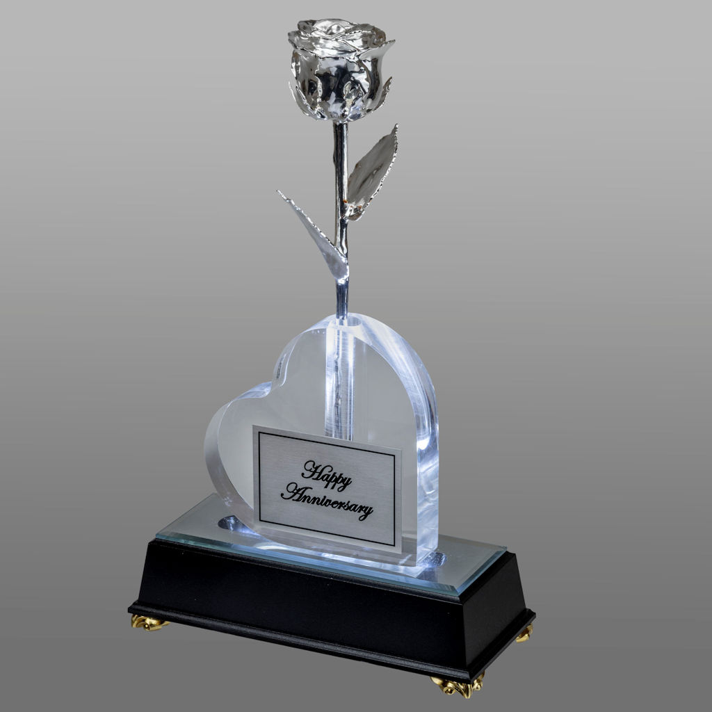 Illuminated 8" Silver Rose in Personalized Heart Vase