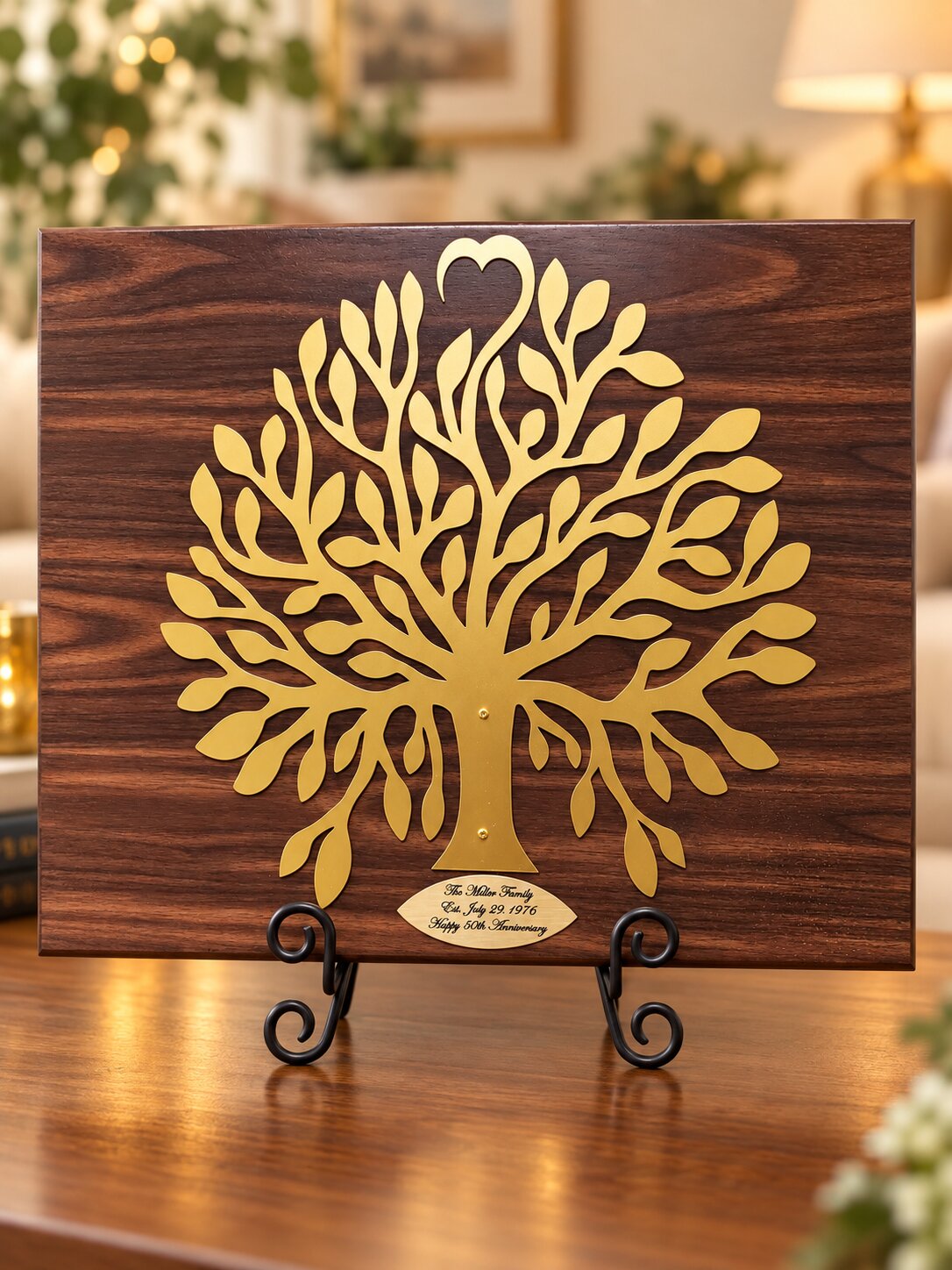 Engraved 50th Anniversary Gift Gold Family Tree Plaque with Heart Top