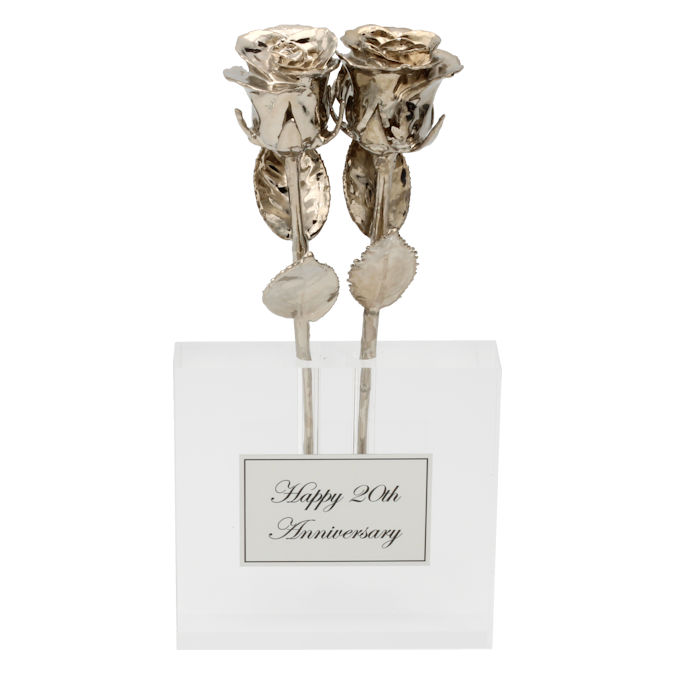Two 8" Platinum Roses in Custom 20th Anniversary Vase