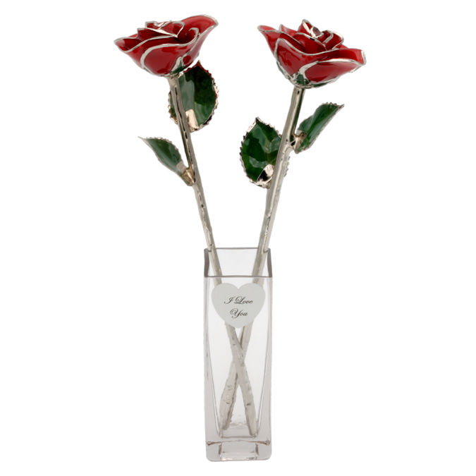 Engraved Promise Vase with 2 Platinum Trim Roses