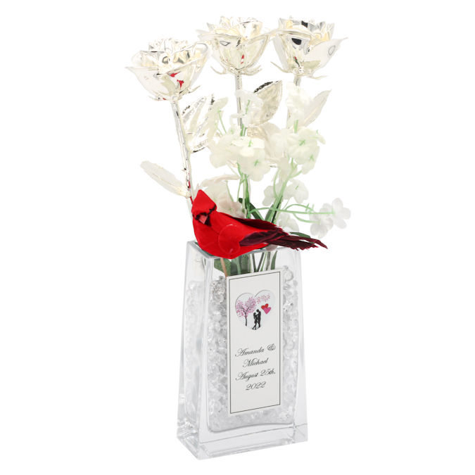 25th Anniversary Gift: 3 Silver Roses in Personalized Vase