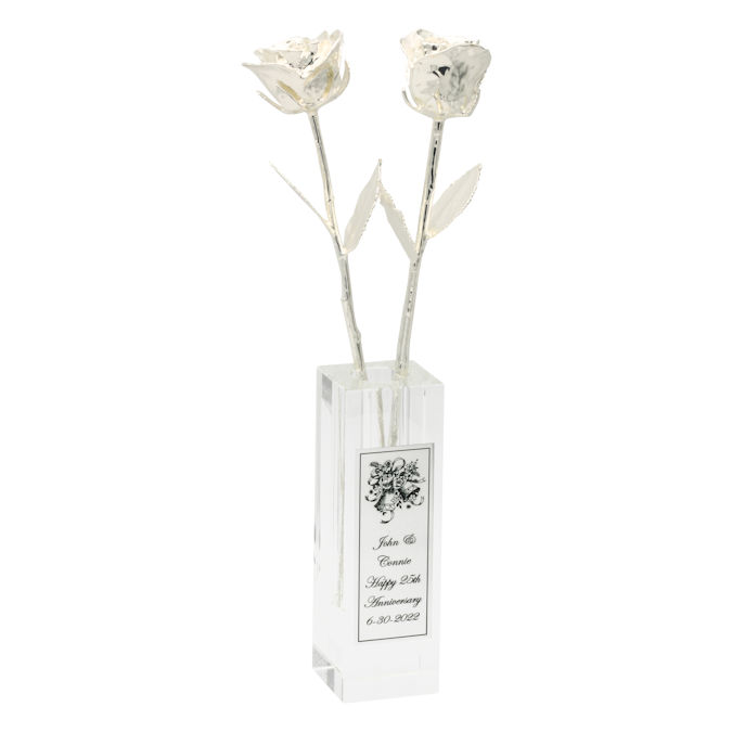 2 14" 25th Anniversary Silver Roses in Personalized Vase
