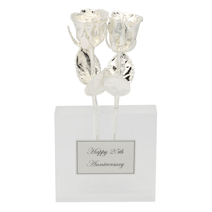 Two 8" Silver Roses in Custom 25th Anniversary Vase