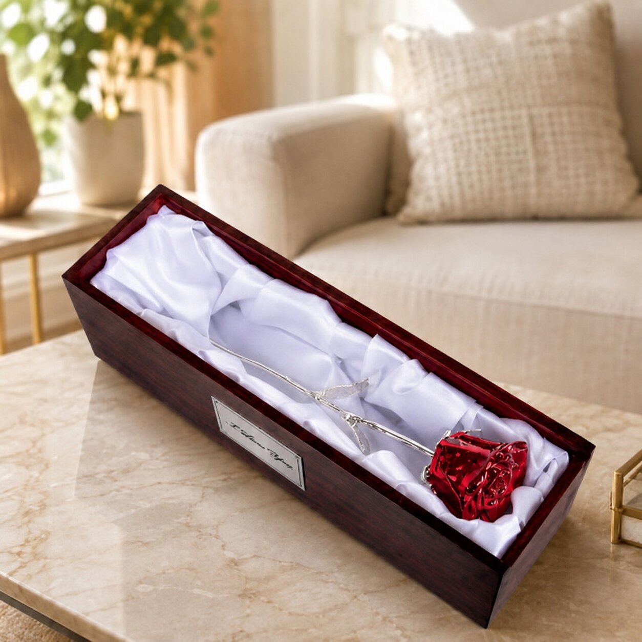 Trimmed Silver Rose in Rosewood Display Case