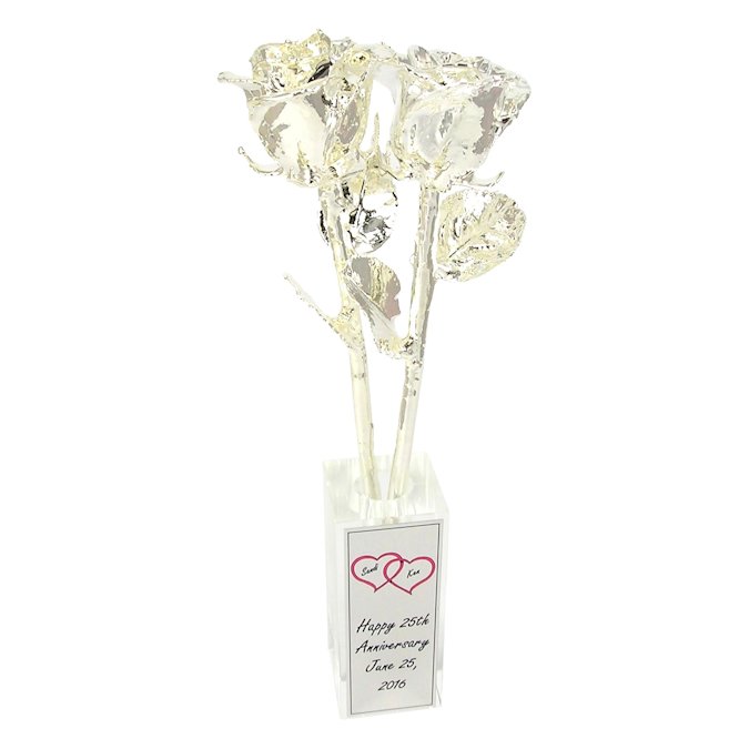 25th Anniversary Gift: 2 All Silver Roses in Vase