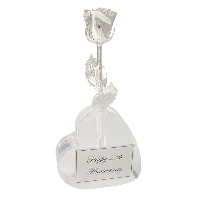 25th Anniversary Gift: 8" All Silver Rose in Heart Vase