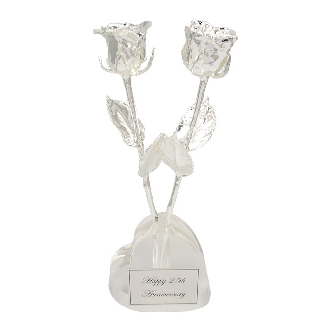 25th Anniversary Gift: 2 11" Silver Roses in Heart Vase